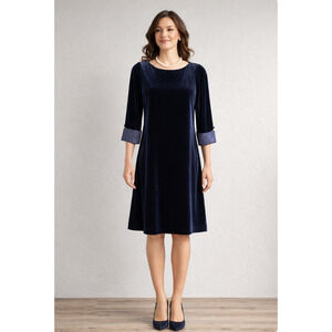 Jessica Howard Navy Velvet Dress Size 12 Pearl Cuff 3/4 Sleeve Cocktail